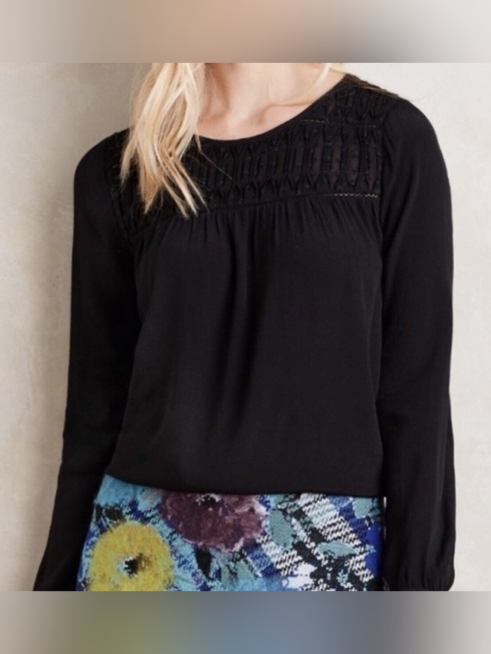 Anthropologie Meadow Rue Black Long-Sleeve Crochet Yoke Top